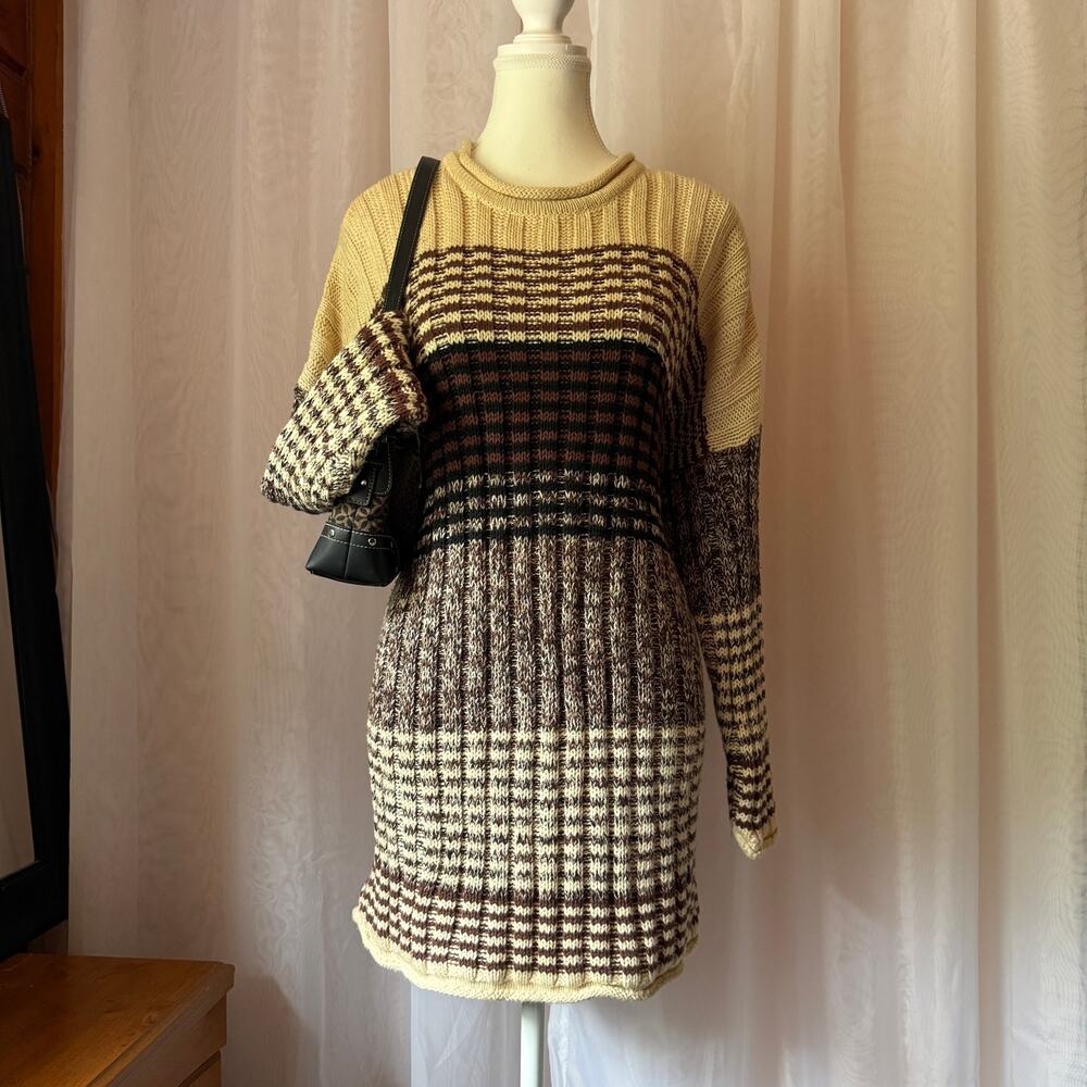 VTG 90s Style New York Brown Striped Knit Sweater Tunic Dress Sz L Dark Academia